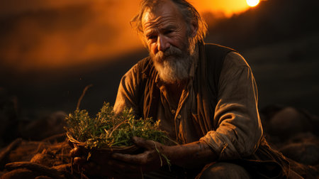 Portrait of an old farmer working in the field at sunset.の素材