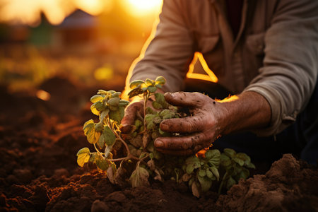 Farmer planting seedlings of tomato in the garden at sunset.の素材