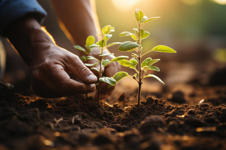 Human hands planting tree in the soil with sunlight. Earth Day concept.の素材
