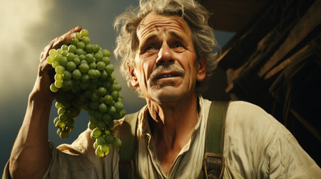 Portrait of senior man with bunch of grapes in vineyard.の素材