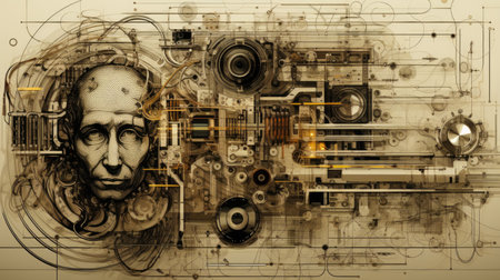 Abstract technology background with circuit board and human face. 3D Rendering. Leonardo Davinci style.の素材