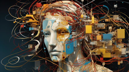 3D rendering of a female cyborg with circuit board and connections. Leonardo Davinci Styleの素材