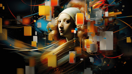 3d illustration of a beautiful girl with abstract background and geometric shapesの素材