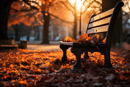 Bench in the autumn park at sunset. Beautiful autumn landscape with fallen leaves.の素材