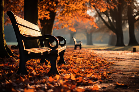 Bench in the park in autumn. Beautiful autumn landscape with bench.の素材