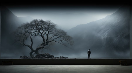 Lonely man standing on the terrace and looking at the landscapeの素材
