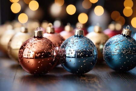 Christmas baubles on a wooden background with bokeh effectの素材