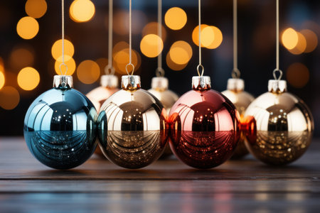 Colorful Christmas baubles on bokeh background, closeupの素材