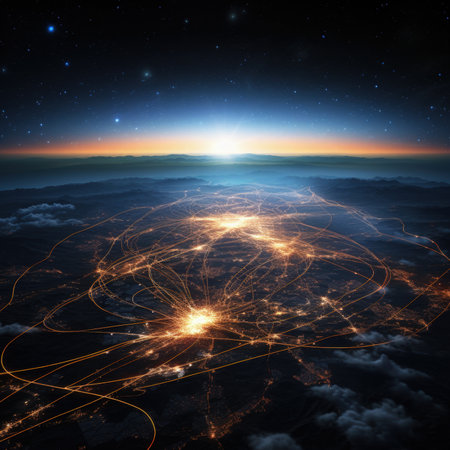 Network of connections over the planet Earth in space. 3D renderingの素材