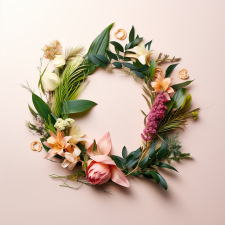 Beautiful floral wreath on pink background. Flat lay, top viewの素材
