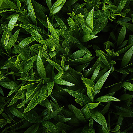 Green leaves with water drops. Natural background. Close-up.の素材
