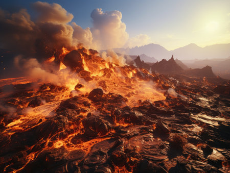 Volcanic eruption at sunset, 3d render of volcanic landscapeの素材