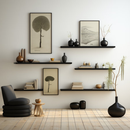 Living room interior with bookshelf, black armchair and vase. 3d render. mock upの素材