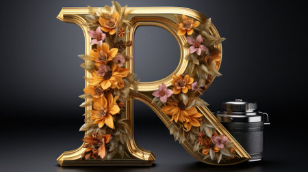 Alphabet letter R decorated with flowers and leaves. 3d renderingの素材