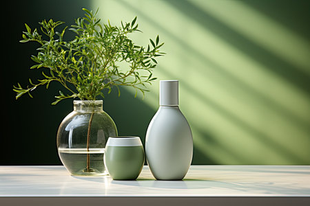 Two bottles of perfume with green plant in vase on white table against green wall.  Copy spaceの素材
