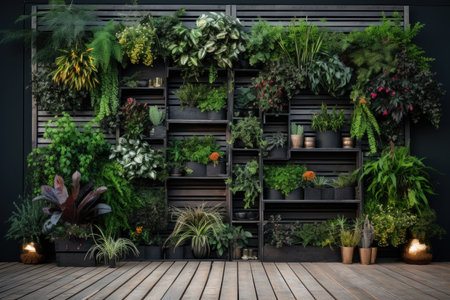 3d render of green plants in pot on black wall background.の素材