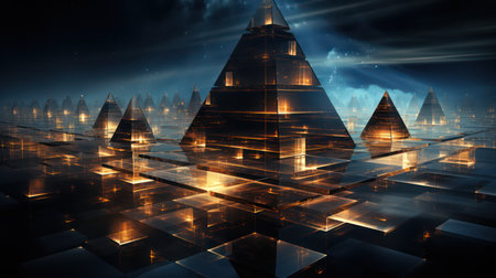 Abstract 3d rendering of pyramids. Futuristic technology style.の素材