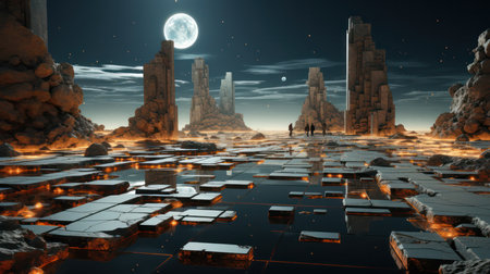 Fantasy alien planet. Mountain and moon. 3D illustration.の素材