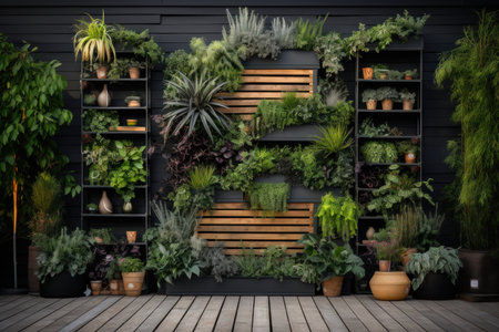 Green plants in pots on wooden planks. Gardening concept.の素材