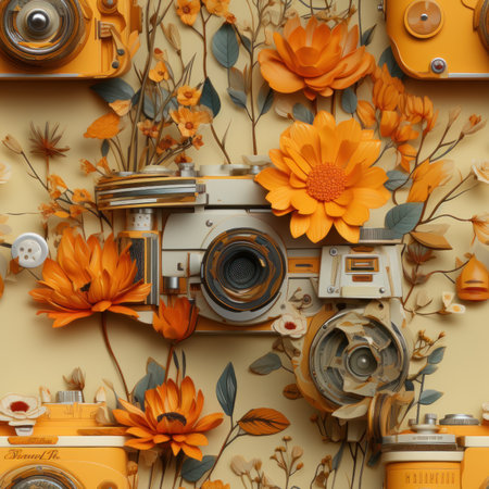 Vintage camera and flowers on yellow wall. 3d illustration.の素材