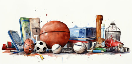 Watercolor illustration of a lot of old school items on a white backgroundの素材