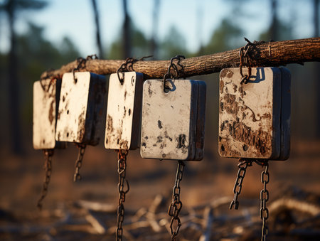 Old dirty wooden planks hanging on a wooden pole in the forest.の素材