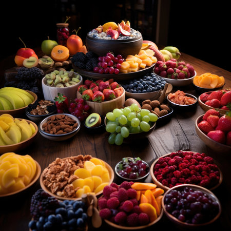 Healthy food selection with fruits and berries in bowls on wooden tableの素材
