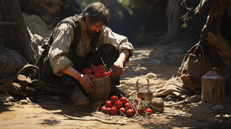 A farmer with a basket of ripe red tomatoes in the field.の素材