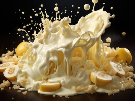 Lemon and banana in milk splash on a dark background close upの素材