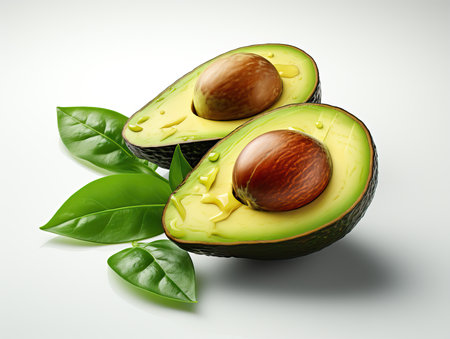 Avocado with leaves on a white background. 3d illustration.の素材