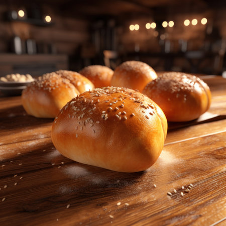 Fresh buns with sesame seeds on wooden table, closeupの素材