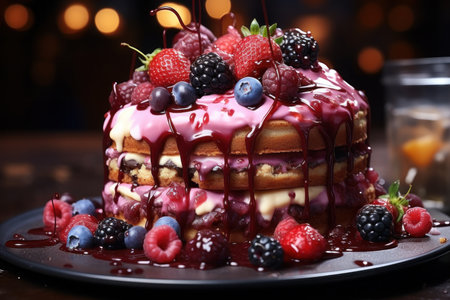Delicious cake with berries on table on blurred lights background, closeupの素材