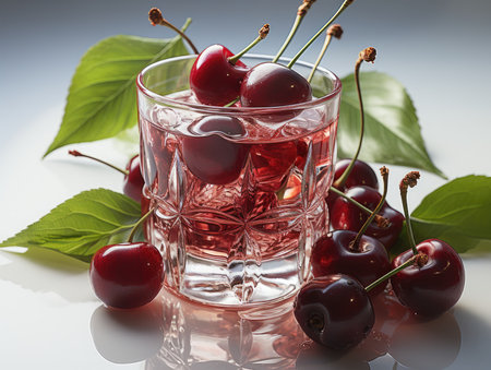 Cherry juice in a glass with cherries on a white backgroundの素材
