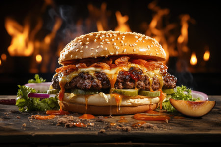 Big tasty cheeseburger on wooden table in front of burning fireplaceの素材