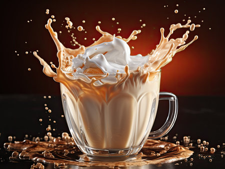 Coffee with milk splash in a glass on a dark backgroundの素材