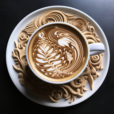 Coffee cup with latte art on the black background.の素材