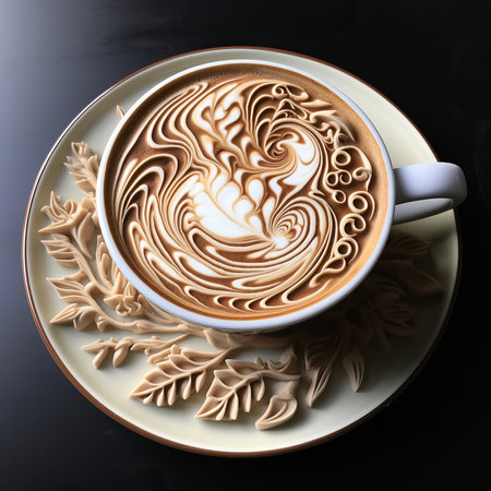 A cup of coffee with a pattern on the foam on a black backgroundの素材