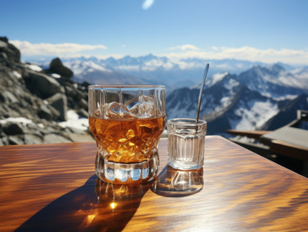 Two glasses of whiskey on a wooden table in front of a mountain landscapeの素材