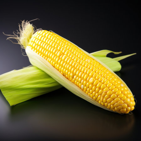 Fresh corn on the cob on a black background. Close up.の素材