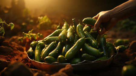 Green cucumbers in a basket on the soil. Selective focus.の素材