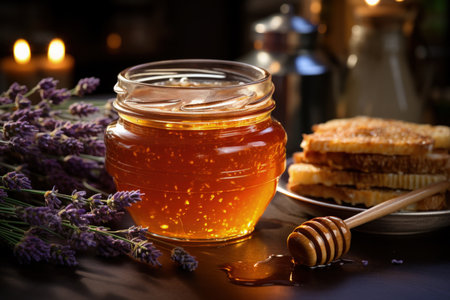 Honey in a glass jar with honeycombs and lavender flowersの素材