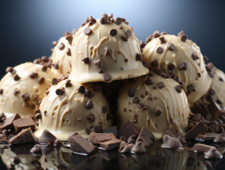 Chocolate ice cream balls with chocolate shavings on black backgroundの素材