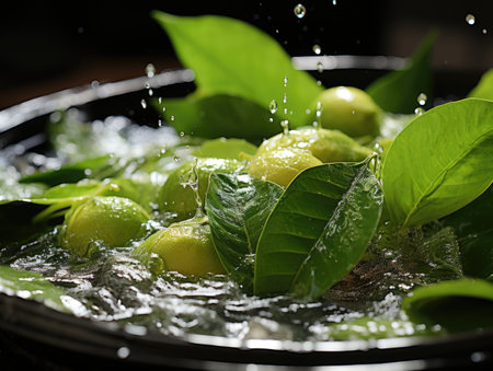 Fresh green lemons with water splashes and green leaves on black backgroundの素材
