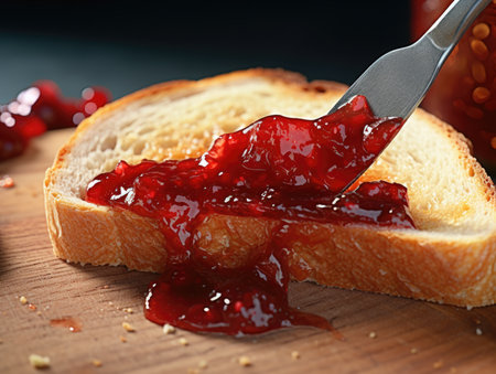 Slices of bread with cherry jam on wooden board, closeupの素材