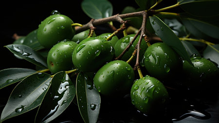 Fresh green olives on a branch with water drops on a black backgroundの素材