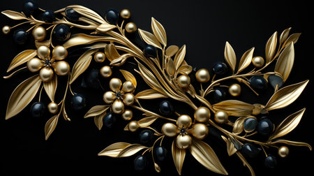 3d illustration of golden floral ornament with black olives on black backgroundの素材