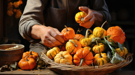 Hands of a man with a basket of pumpkins. Autumn harvest.の素材