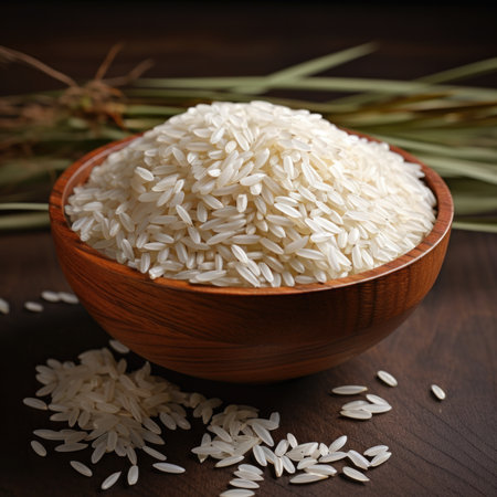 Rice in a wooden bowl on a dark background. Selective focus.の素材