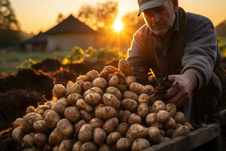 Farmer with freshly dug potatoes on the field at sunset, harvest timeの素材