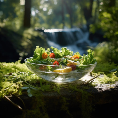 Fresh salad in glass bowl on moss with blurred waterfall in background.の素材